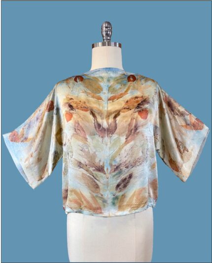 100% Silk Satin Top eco leaf printed with indigo over dye
