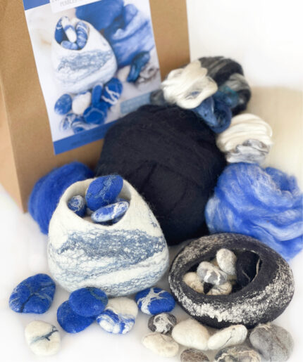 felting kit for beginners felted pod and pebbles, with black or blue and white merino felting wool roving wool top