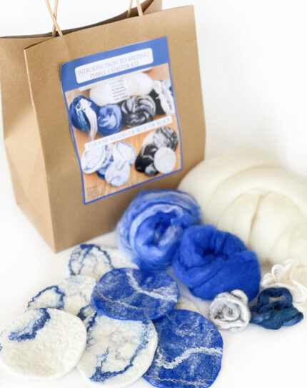 felting kit for beginners, felted coasters in blue and white merino felting wool roving wool tops.