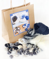 beginner felting kit, felted pebbles with black merino felting wool roving wool tops.