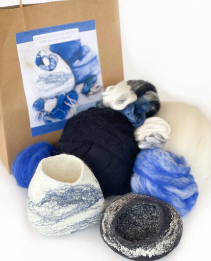 felting kit for beginners felted pods, with black blue and white merino felting wool roving wool top