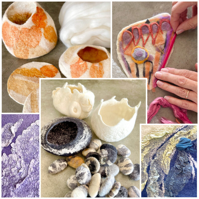 Wet felting, Nuno felting silk pongee paj, felting and natural dyeing workshops with merino felting wool