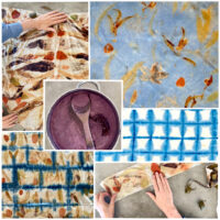 natural dyeing and eco leaf printing silk satin fabric, over dyeing with indigo at a natural dyeing and felting workshops.