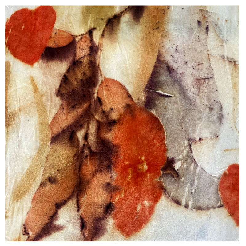 Eco Leaf Printing on silk satin with iron soaked leaves