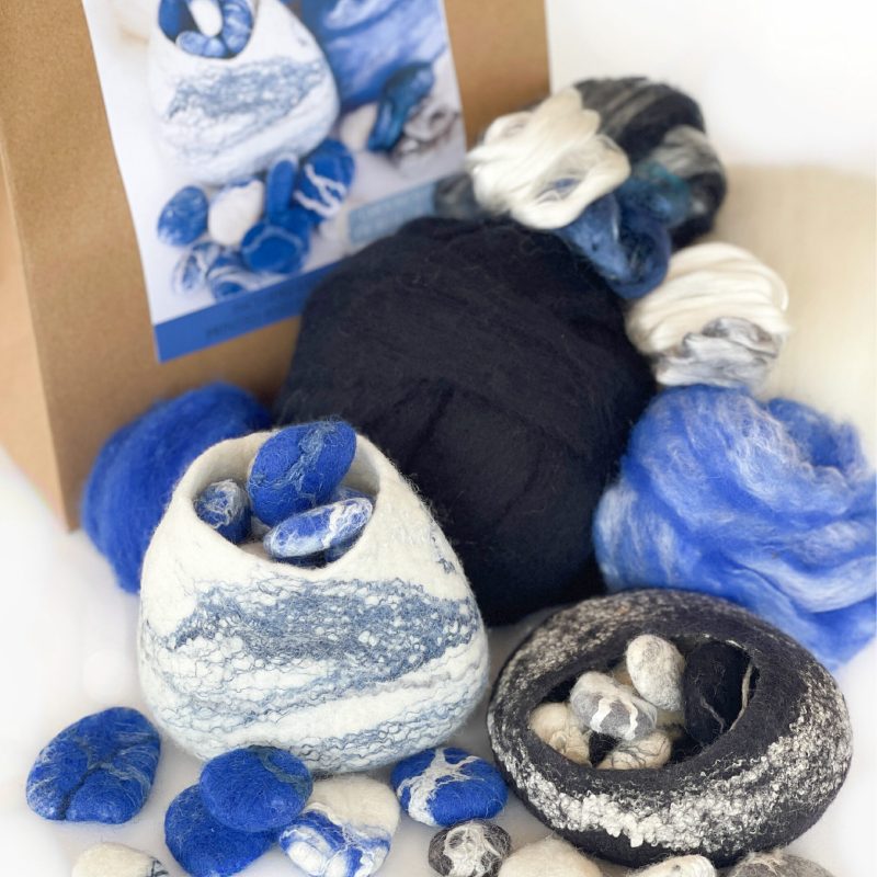 felting kit for beginners felted pod and pebbles, with black or blue and white merino felting wool roving wool top