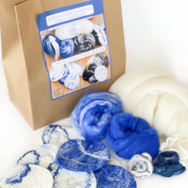 felting kit for beginners, felted coasters in blue and white merino felting wool roving wool tops.