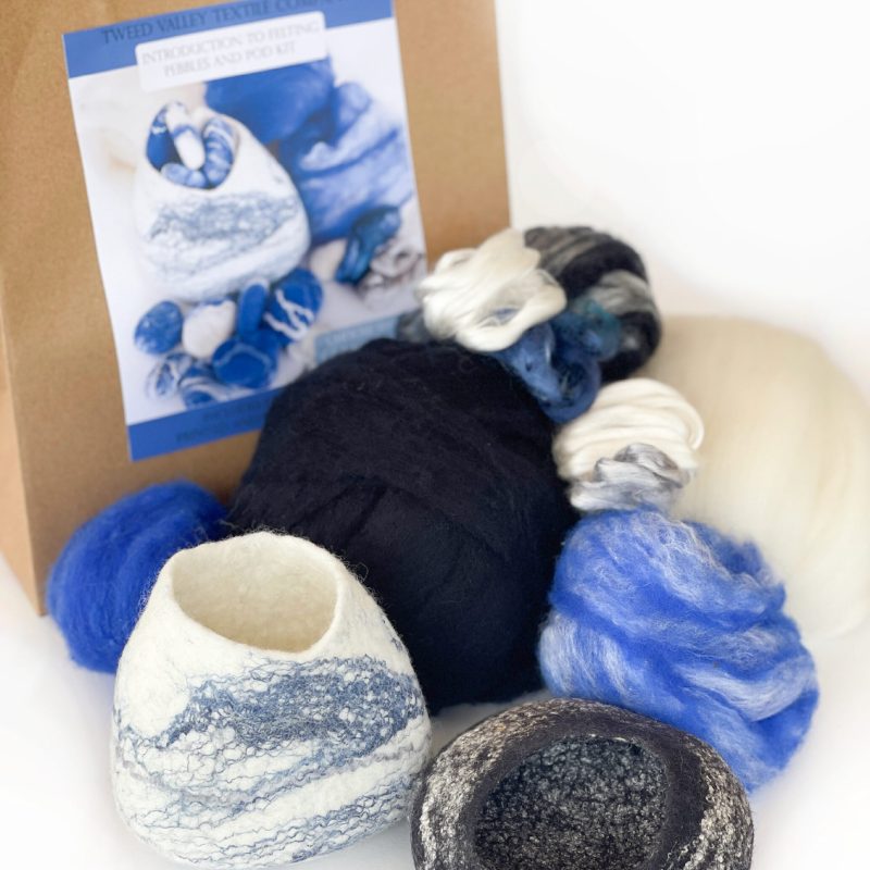 felting kit for beginners felted pods, with black blue and white merino felting wool roving wool top