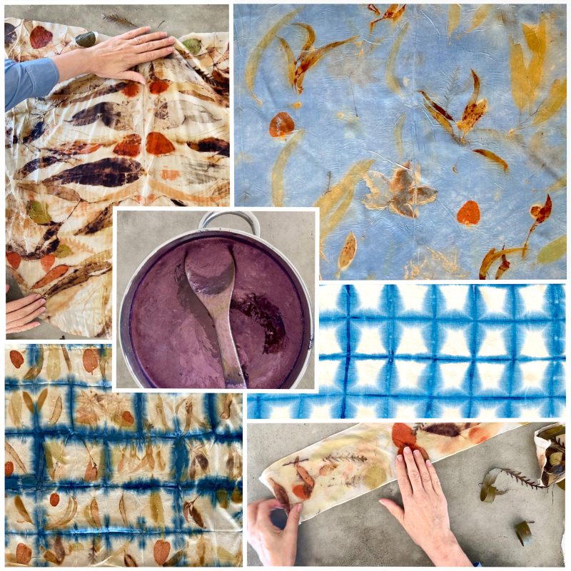 natural dyeing and eco leaf printing silk satin fabric, over dyeing with indigo at a natural dyeing and felting workshops.
